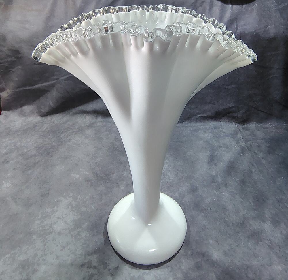 Vintage Huge Fenton Silver Crest Glass Fan Vase Ruffled Edge 13 Inches Tall
